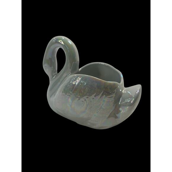 Vintage Cerami Off White blueish iridescent Swan Planter/trinet Vase 5.5 X 4 - Picture 6 of 9
